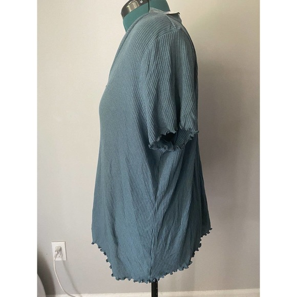 NWT Blue Green Teal Ruffle Button Shirt Top Blouse V Neck Short Sleeve Ribbed - Picture 6 of 6